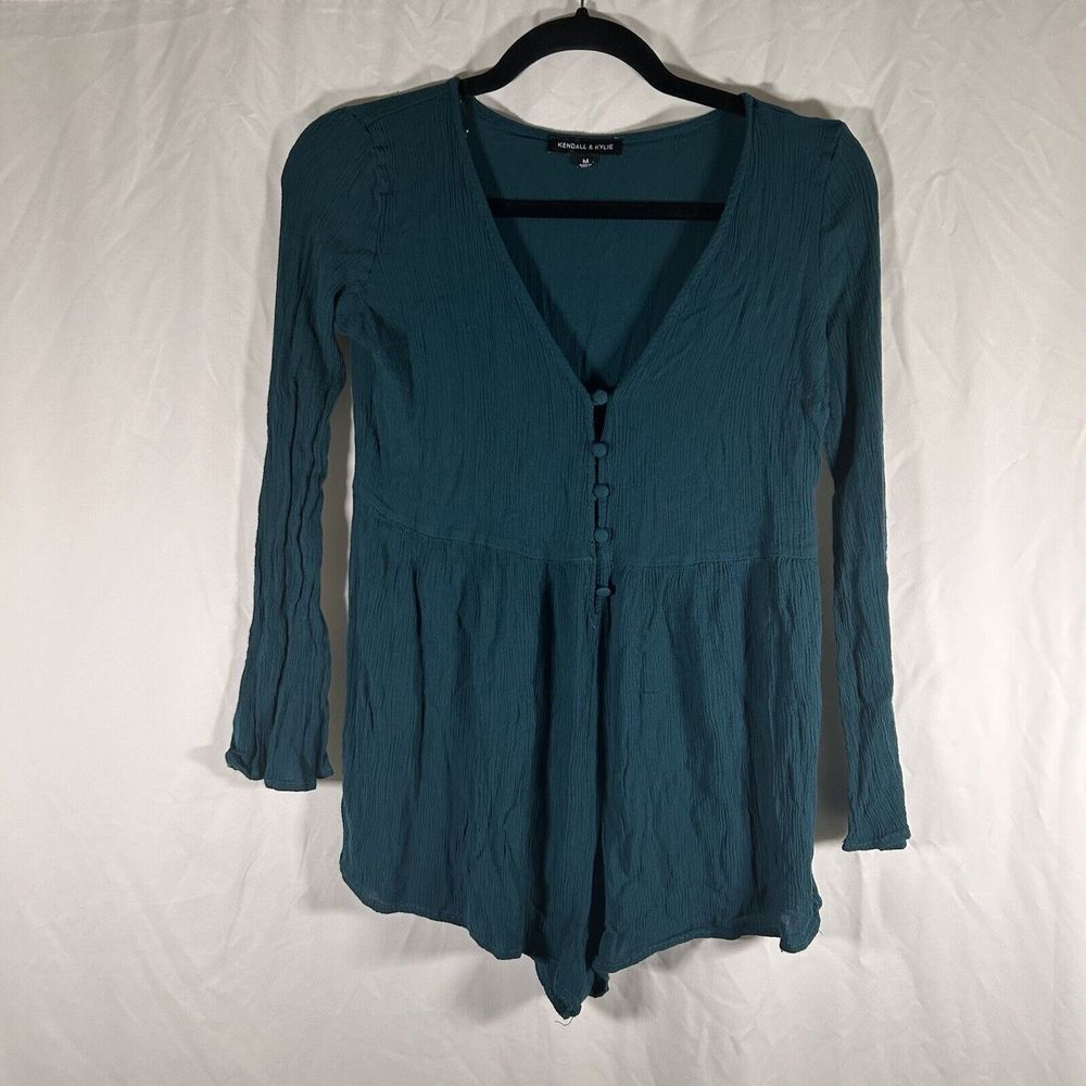 Kendall & Kylie Romper Women's Medium Green V-neck Long Sleeve Pull On